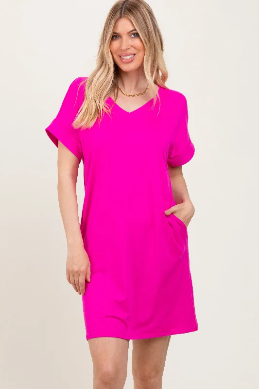 Fuchsia Brushed Rolled Short Sleeve V-Neck Dress Tunics Denim casual