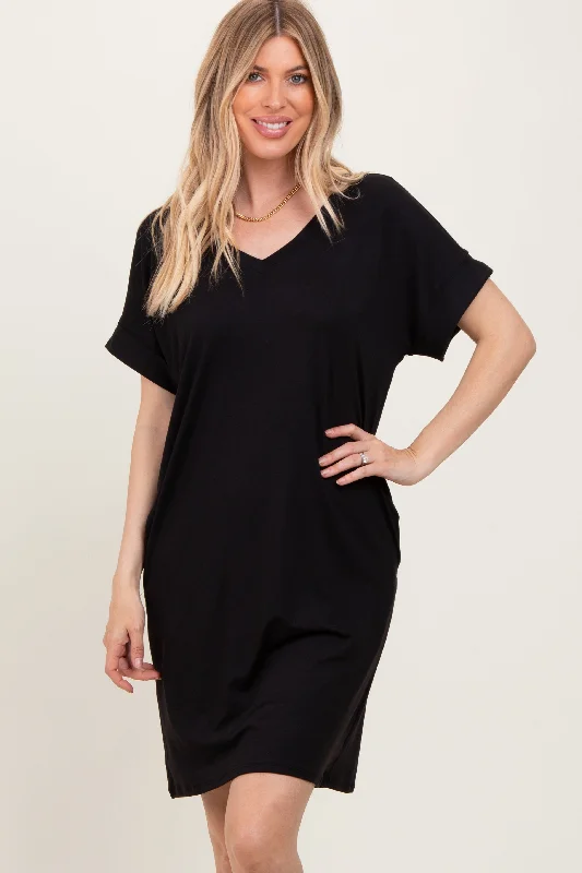 Black Brushed Rolled Short Sleeve V-Neck Dress Tunics Versatile functional