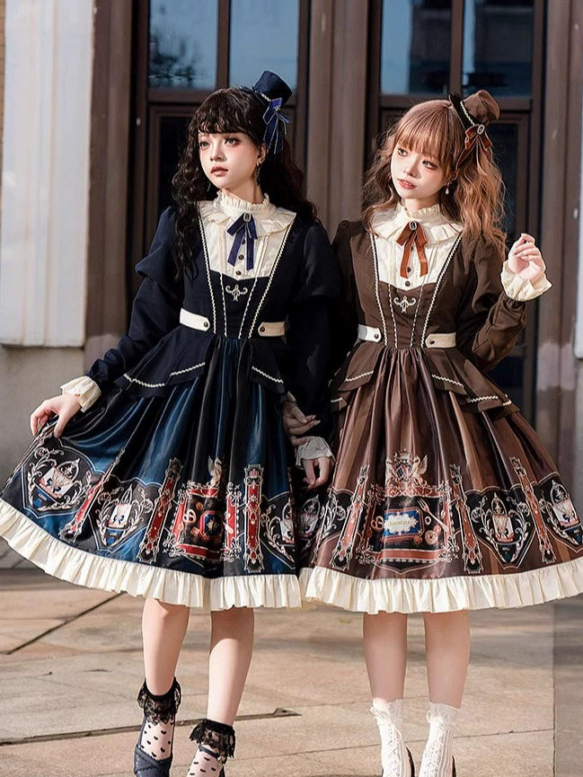 Jinmu~Chocolate Academy~Vintage Lolita OP Long Puff Sleeve Schoolgirl Lolita Dress Tunics Modern contemporary Jinmu~Chocolate Academy~Vintage Lolita OP Long Puff Sleeve Schoolgirl Lolita Dress Tunics Modern contemporary