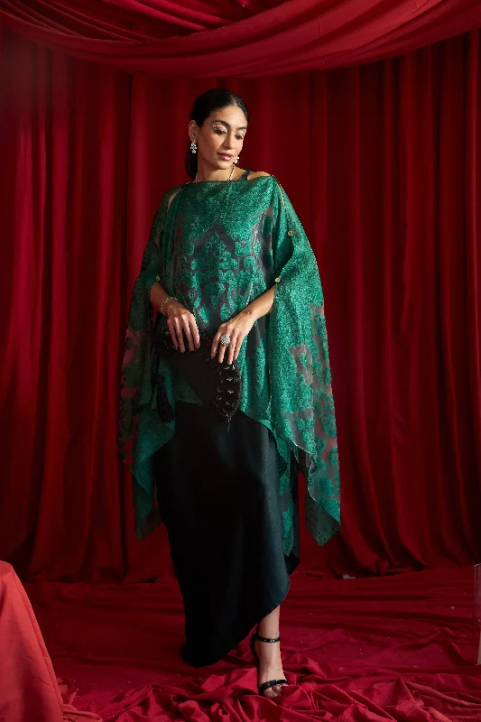 Slip Easy Dress With Organza Cape - Emerald Green Tunics Stylish elegant