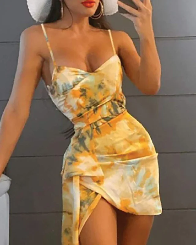 Spaghetti Strap Tie Dye Print Asymmetrical Party Dress Tunics Sophisticated sleek