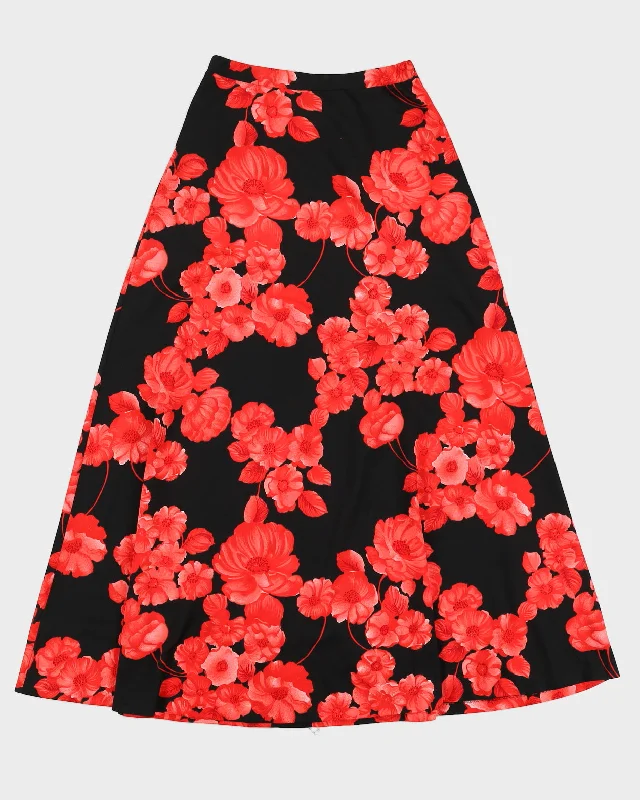 Vintage 80s Tan Jay Black & Red Floral Midi Skirt - M cashmere skirt soft