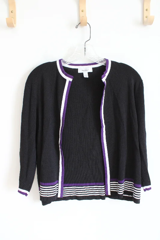Dressbarn Purple & White Striped Edged Black Cardigan | L Fitted Loose Oversized