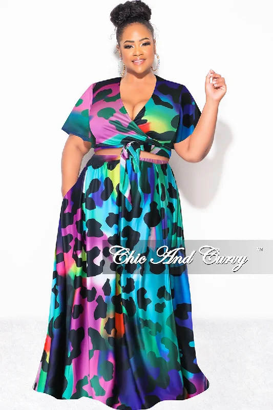 Final Sale Plus Size 2pc (Faux Wrap Crop Tie Top & Skirt) Set in Multi Color Animal Print lace skirt romantic Final Sale Plus Size 2pc (Faux Wrap Crop Tie Top & Skirt) Set in Multi Color Animal Print lace skirt romantic