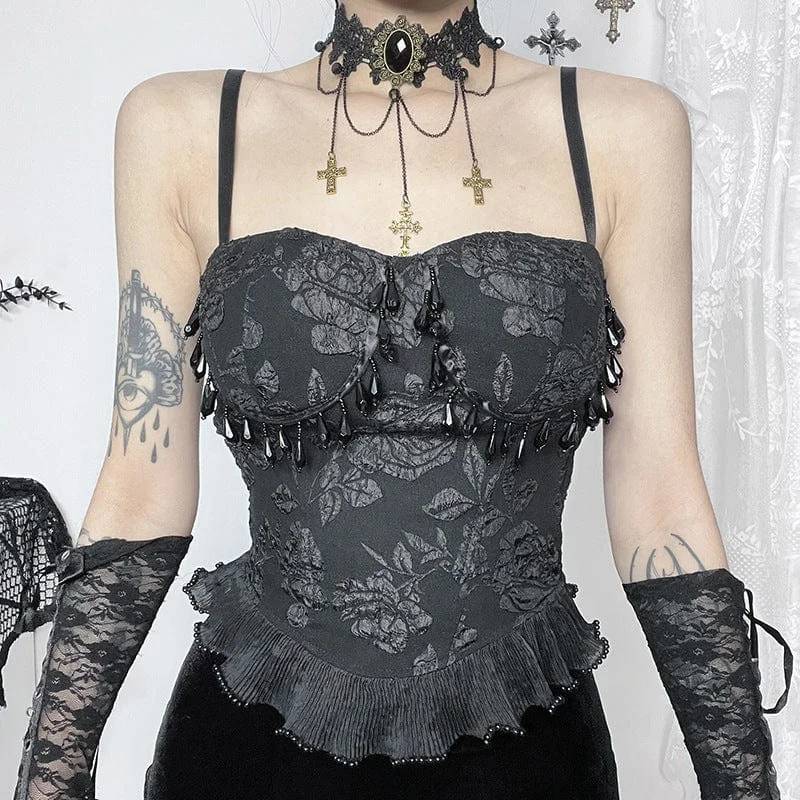 Women's Gothic Floral Embossed Beaded Tank Top flirty tank top