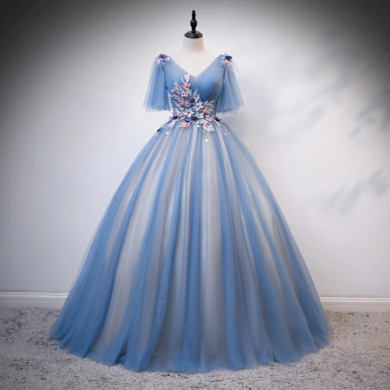 color gauze bouffant dress, performance dress, blue party dress, V-neck ball gown Tunics Exclusive limited color gauze bouffant dress, performance dress, blue party dress, V-neck ball gown Tunics Exclusive limited