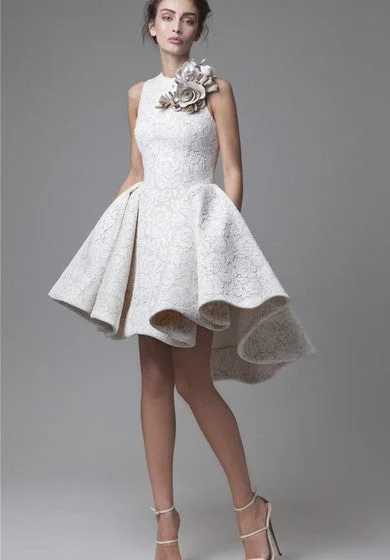 High Low Jewel Neckline A-Line Flower Appliqued Party Dress Square Neckline Feminine
