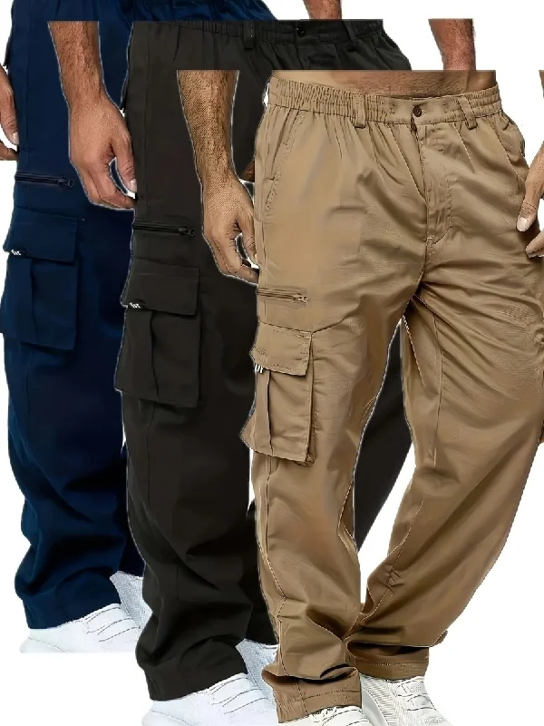 Buy 2 Get 1 Free, total of 3 PCS Mens Solid Color Loose Fit Cargo Pants - Comfortable, Breathable, Water-Resistant, and Durable for Outdoor Activities, Casual, Hiking, Camping, and Travel - Mens Relaxed Fit Pants with Multipl Formal Wide-Leg Pants