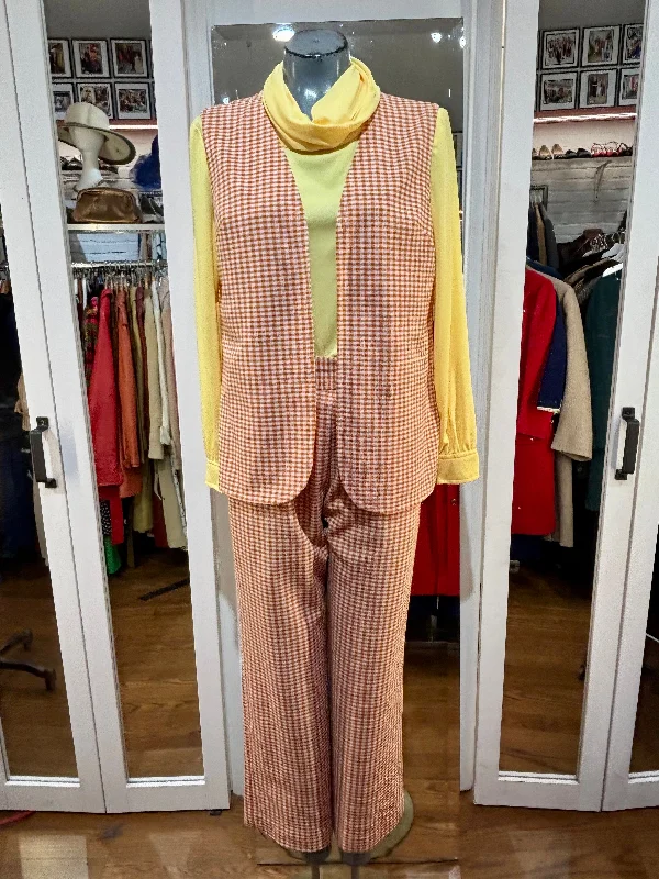70’s Orange & Yellow 3 piece Pant Plaid Set With Vest Fashionable Button-Up Pants
