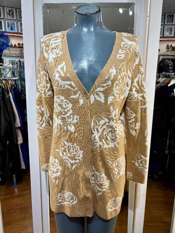 90’s Beige And Off White Flower Print Cardigan Velvet Chenille Corduroy