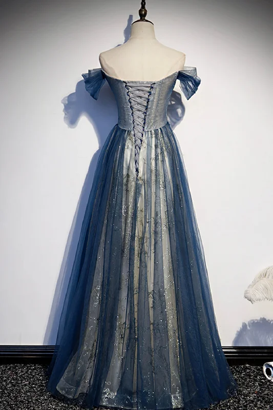 Blue Beaded Off Shoulder Sweetheart Shiny Tulle Party Dress, Blue Evening Dress Prom Dress Tunics Bestseller popular Blue Beaded Off Shoulder Sweetheart Shiny Tulle Party Dress, Blue Evening Dress Prom Dress Tunics Bestseller popular