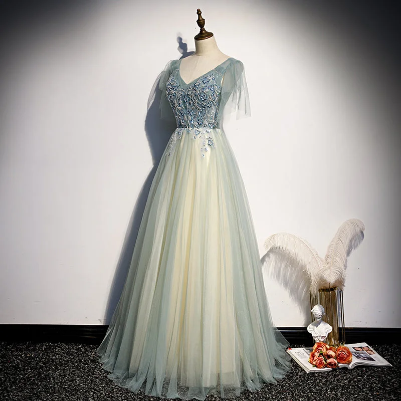 Lovely Tulle with Beaded V-neckline Long Party Dress, A-line Prom Dress Evening Dress Tunics Chinos classic Lovely Tulle with Beaded V-neckline Long Party Dress, A-line Prom Dress Evening Dress Tunics Chinos classic