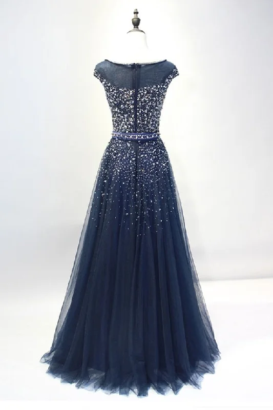 Navy Blue Shiny Sequins Round Neckline Tulle Party Dress, A-line Tulle Blue Evening Dress Prom Dress Tunics Fall fleece Navy Blue Shiny Sequins Round Neckline Tulle Party Dress, A-line Tulle Blue Evening Dress Prom Dress Tunics Fall fleece