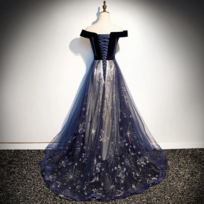 Navy Blue Tulle Off Shoulder Velvet Top Long Party Dress, Blue Evening Dress Prom Dress Tunics Trendy modern Navy Blue Tulle Off Shoulder Velvet Top Long Party Dress, Blue Evening Dress Prom Dress Tunics Trendy modern