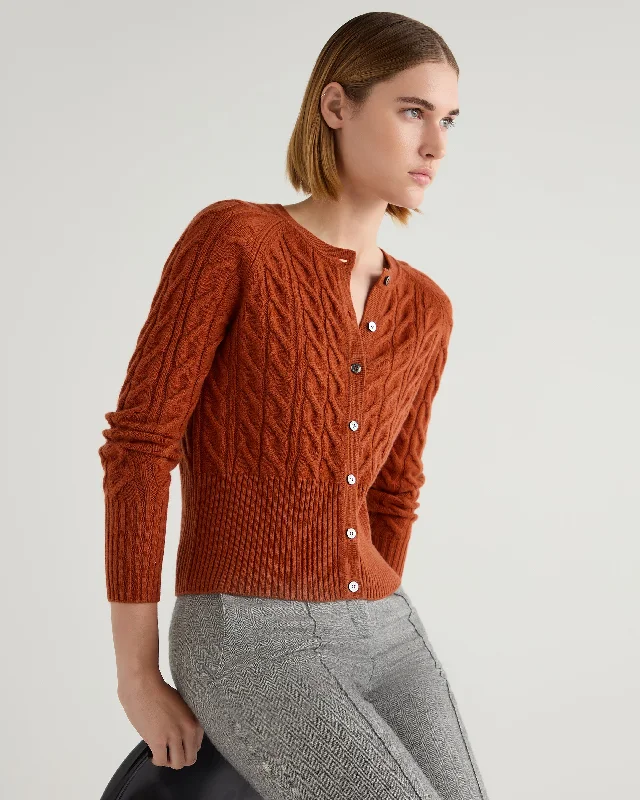 Women's Myla Cable Cashmere Cardigan Rust Orange Striped Floral Plaid
