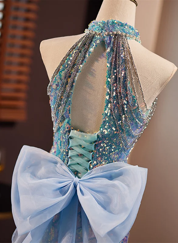 Blue Mermaid Sequins Halter Long Party Dress with Bow, Blue Sequins Prom Dress Tunics Exclusive limited Blue Mermaid Sequins Halter Long Party Dress with Bow, Blue Sequins Prom Dress Tunics Exclusive limited