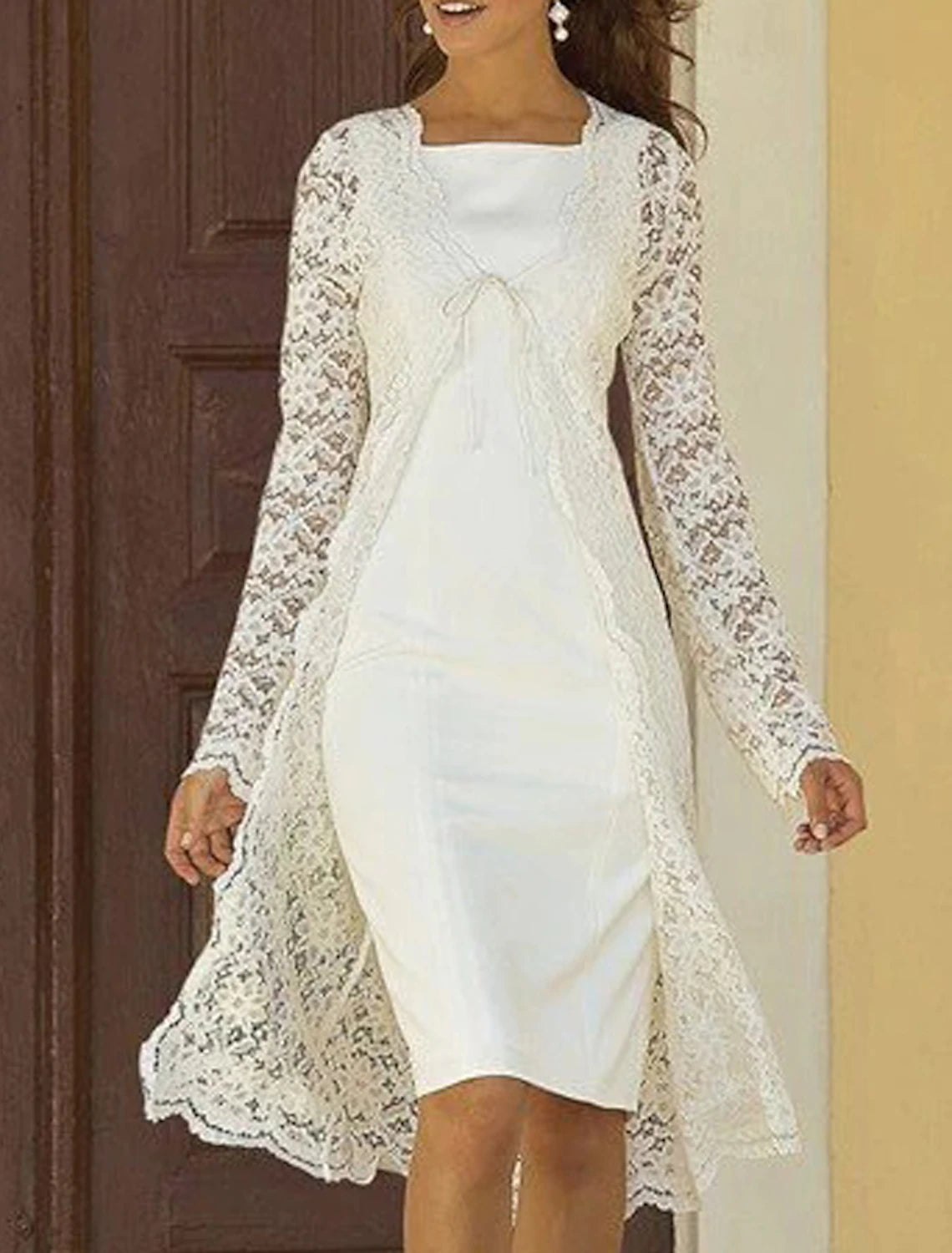 Two Piece Sheath / Column Mother of the Bride Dress Fall Wedding Guest Dresses Church Elegant Square Neck Knee Length Chiffon Lace Sleeveless Jacket Dresses with Solid Color Elasticated Jacket Padded Jacket Insulated Jacket Two Piece Sheath / Column Mother of the Bride Dress Fall Wedding Guest Dresses Church Elegant Square Neck Knee Length Chiffon Lace Sleeveless Jacket Dresses with Solid Color Elasticated Jacket Padded Jacket Insulated Jacket