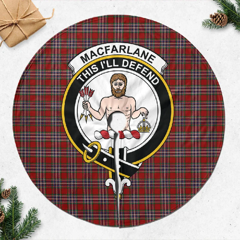 MacFarlane Red Tartan Christmas Tree Skirt with Family Crest asymmetrical skirt cut
