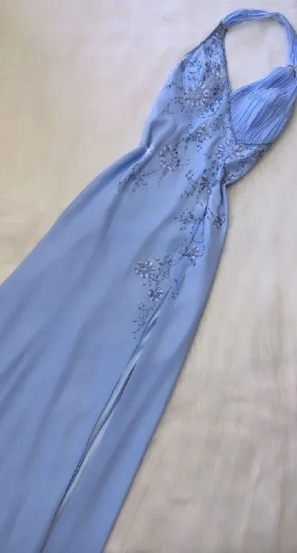Blue Halter A Line Long Prom Dress Chic Beeaded Formal Party Dress Evening Gown Halter Neckline Beach Blue Halter A Line Long Prom Dress Chic Beeaded Formal Party Dress Evening Gown Halter Neckline Beach