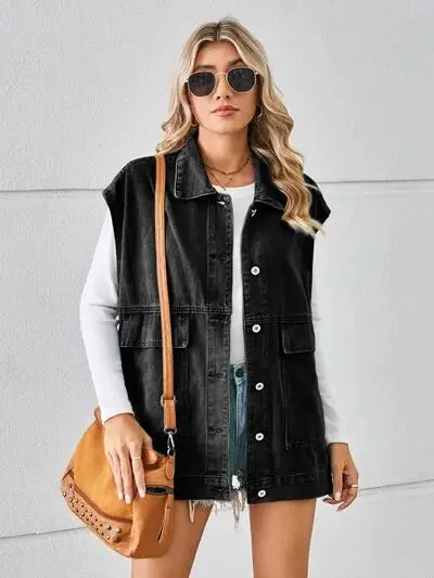 Blue Zone Planet | Pocketed Button Up Sleeveless Denim Jacket Wool Jacket Cashmere Jacket Tweed Jacket Blue Zone Planet | Pocketed Button Up Sleeveless Denim Jacket Wool Jacket Cashmere Jacket Tweed Jacket