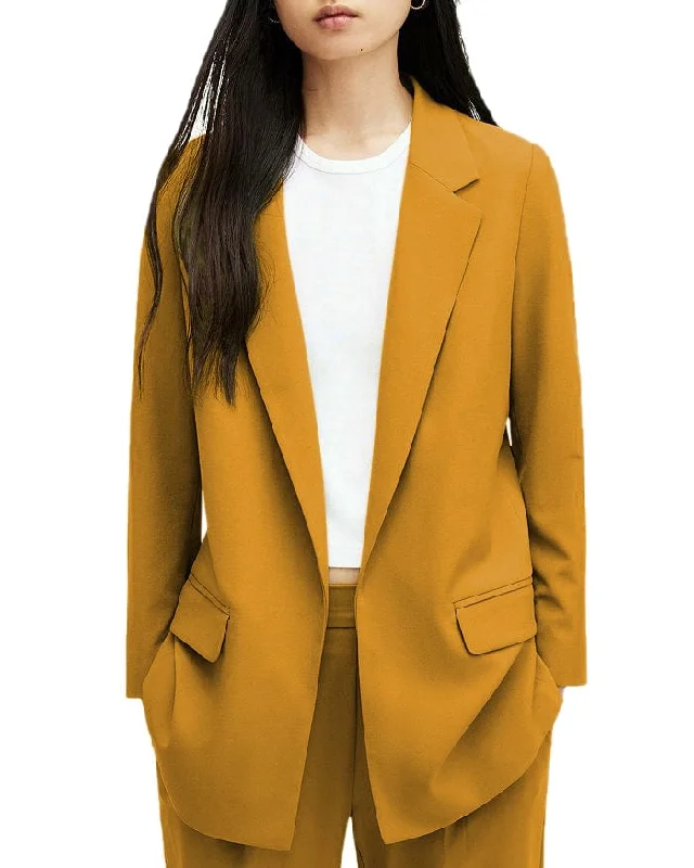 2 Piece Solid Color Buttonless Notch Lapel Women's Suit (Blazer+Pants) Elegant Silk Pants