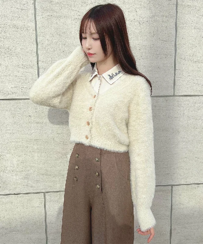 Emblem Button Feather Knit Cardigan / an another angelus [52BJ04j007]. Silk Blend Satin Velvet