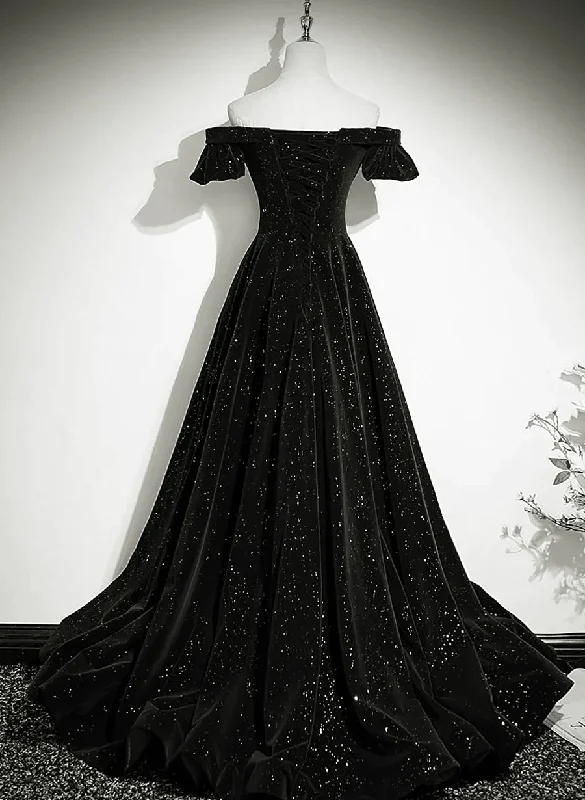 Black Off Shoulder Velvet Long Party Dress Prom Dress, Black Simple Evening Dress Tunics Short Trendy Black Off Shoulder Velvet Long Party Dress Prom Dress, Black Simple Evening Dress Tunics Short Trendy