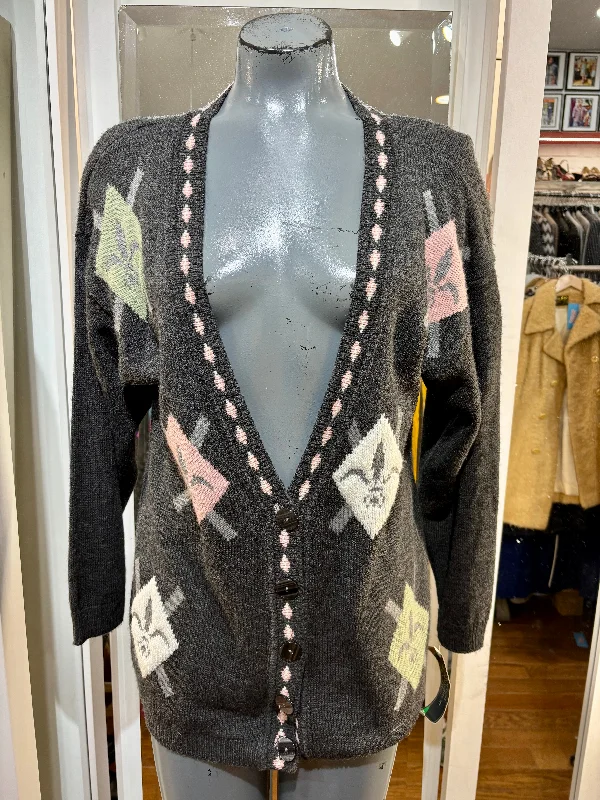 90’s Dark Gray With Multicolor Pastel Print Cardigan By Norton McNaughton Chenille Blend Fleece Blend Nylon Blend 90’s Dark Gray With Multicolor Pastel Print Cardigan By Norton McNaughton Chenille Blend Fleece Blend Nylon Blend