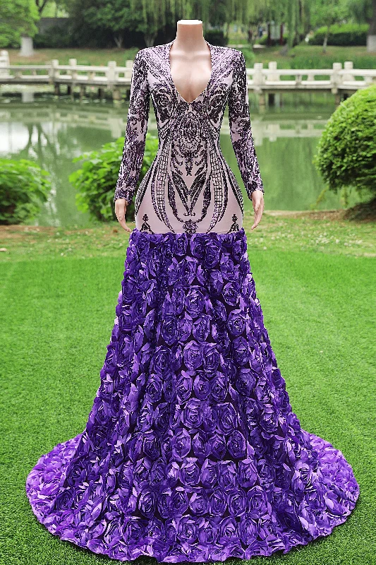 Purple Rose Prom Dresses Sequined V Neck Mermaid Evening Party Dresses Flowers Long Sleeves Pageant Gown Tunics Fall fleece