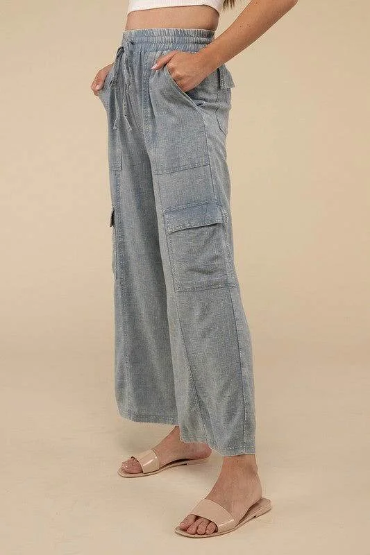 ZENANA Washed Linen Elastic Band Waist Cargo Pants Relaxed High-Waist Trousers