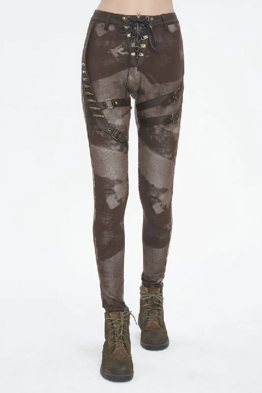 Brown High Waisted Print Women's Punk Pants Chic Slim Fit Pants