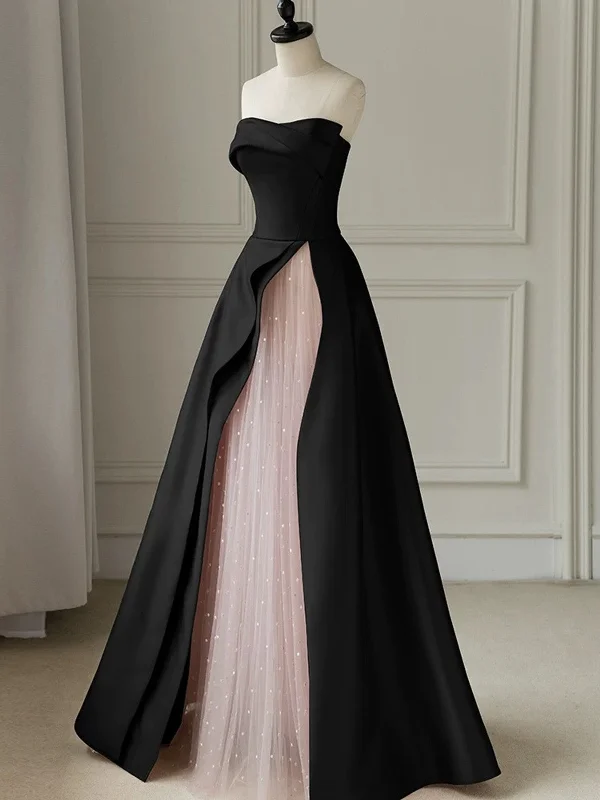 Chic Pink and Black Satin with Tulle Prom Dress, A-line Long Party Dress Tunics Mesh breathable Chic Pink and Black Satin with Tulle Prom Dress, A-line Long Party Dress Tunics Mesh breathable