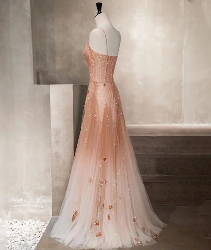 Pink Beaded Tulle Prom Dress Evening Dress, Straps Gradient Party Dresses Lace Sexy Club Pink Beaded Tulle Prom Dress Evening Dress, Straps Gradient Party Dresses Lace Sexy Club
