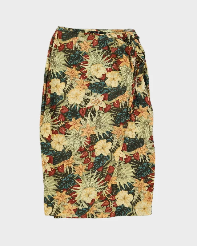 Green Floral Patterned Midi Skirt - S belted skirt waist