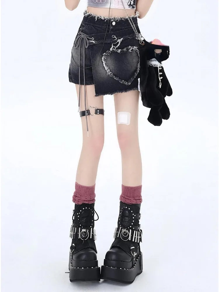 Y2K Denim Mini Skirt with Heart Patch & Distressed Details chiffon skirt delicate