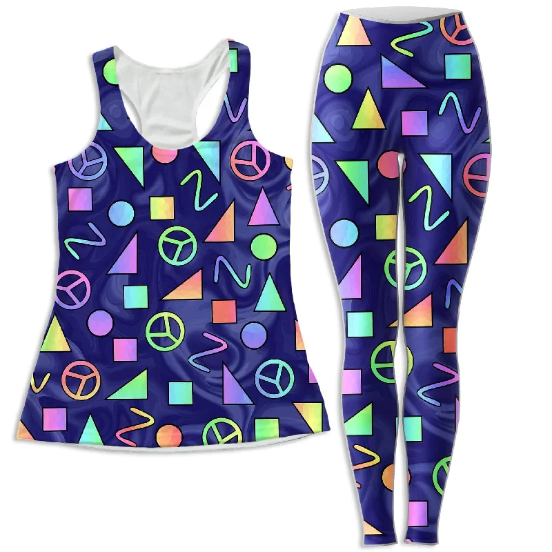 Retro Shapes Peace Symbols Blue Women's Tank and Leggings Combo fashionable tank top