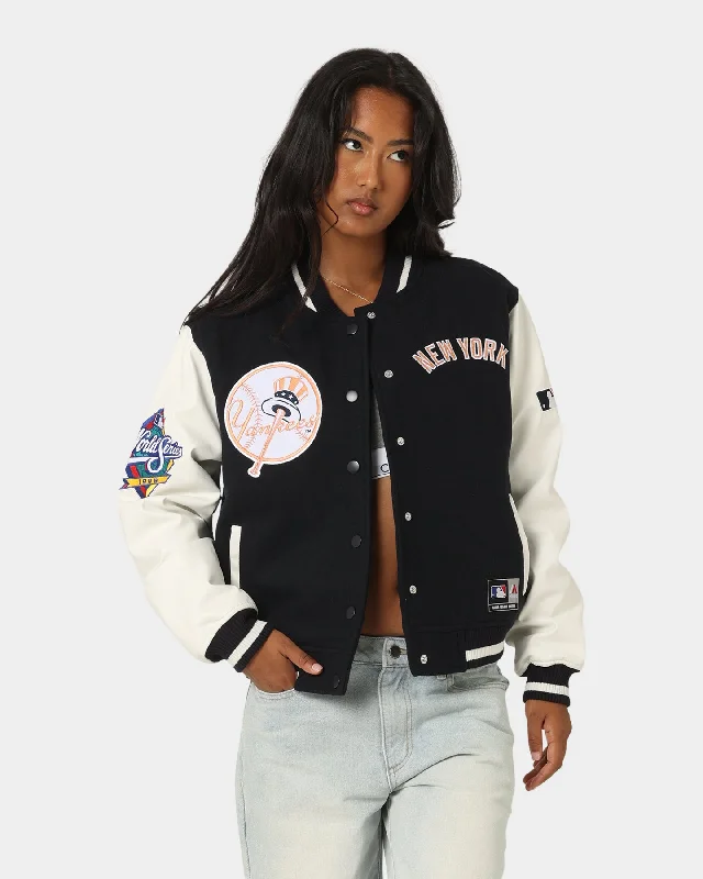 Majestic Athletic Women's New York Yankees Team Wordmark Melton/PU Jacket French Navy Welt Pockets Slit Pockets Flap Pockets Majestic Athletic Women's New York Yankees Team Wordmark Melton/PU Jacket French Navy Welt Pockets Slit Pockets Flap Pockets