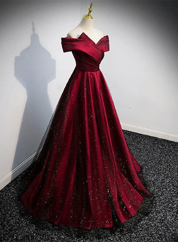 Black and Red Satin Off Shoulder Long Junior Prom Dress, A-line Satin Party Dress Boat Neckline Classic Black and Red Satin Off Shoulder Long Junior Prom Dress, A-line Satin Party Dress Boat Neckline Classic