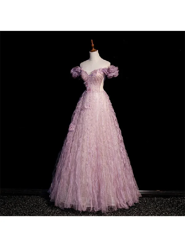 Pink Tulle Long Off Shoulder Party Dress with Flowers Pink Evening Dress Formal Dress prom dresses shops Tunics Practical easy-care