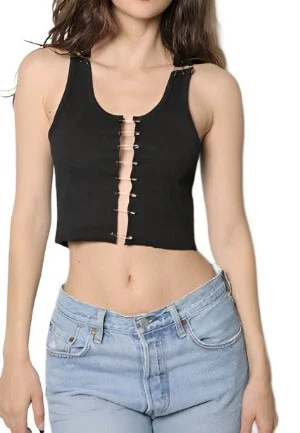 iamkoko - "Cutout Safety Pin Cropped Ribbed Tank Top" - Stylish solid color tank