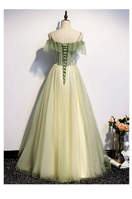 Lovely Flowers Off Shoulder Tulle Long Party Dress, A-line Tulle Light Green Prom Dress Tunics Yoga stretchy Lovely Flowers Off Shoulder Tulle Long Party Dress, A-line Tulle Light Green Prom Dress Tunics Yoga stretchy