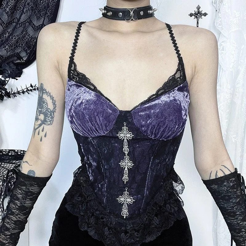 Women's Gothic Rose Lace Splice Velvet Tank Top soft pink tank