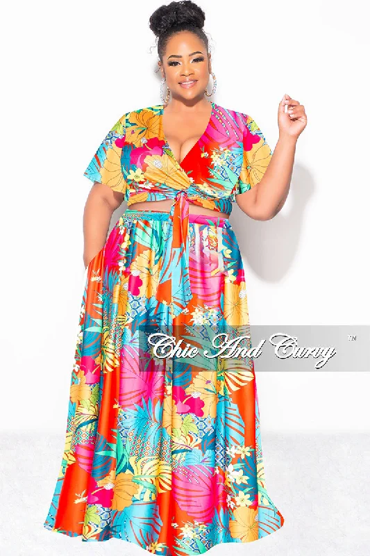 Final Sale Plus Size 2pc (Faux Wrap Crop Tie Top & Skirt) Set in Orange and Fuchsia Multi Color Floral Print high waist skirt Final Sale Plus Size 2pc (Faux Wrap Crop Tie Top & Skirt) Set in Orange and Fuchsia Multi Color Floral Print high waist skirt