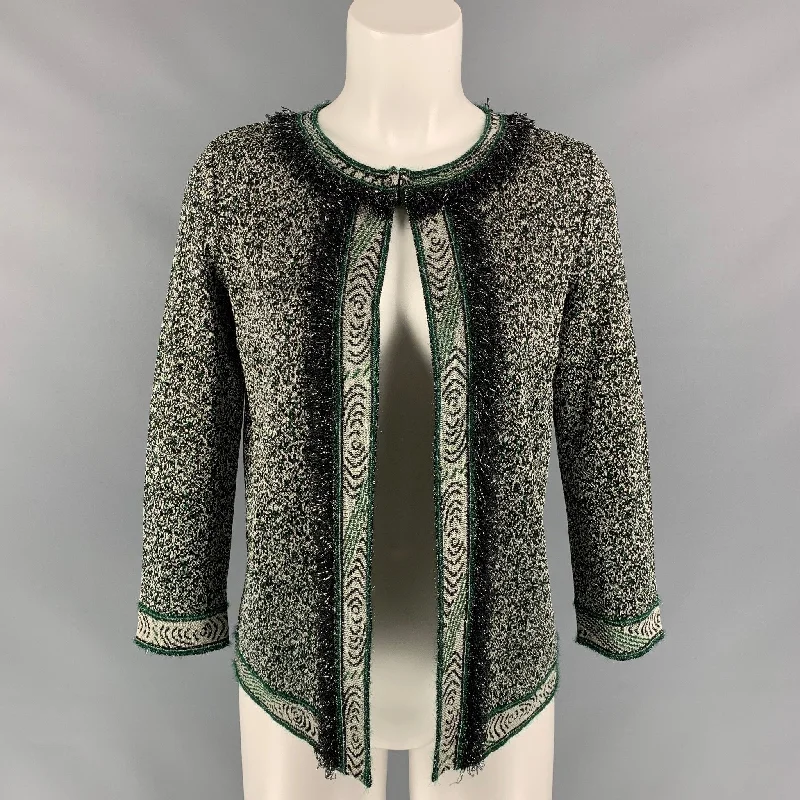 M MISSONI Size 2 Green & Silver Knitted Acetate Blend Cardigan Collared Crew Neck Turtle Neck