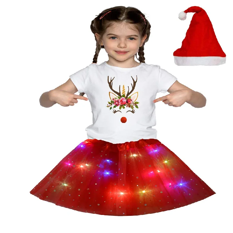 Christmas T_Shirt and Tutu Led Skirt with X-Mas Santa Cap Christmas Party Dress for Girls Turtleneck Neckline Stylish Christmas T_Shirt and Tutu Led Skirt with X-Mas Santa Cap Christmas Party Dress for Girls Turtleneck Neckline Stylish