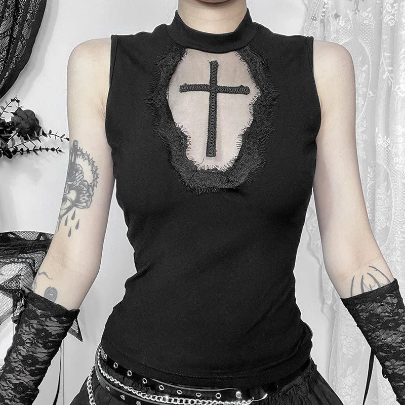 Women's Punk Cross Embroidered Unedged Tank Top activewear tank top