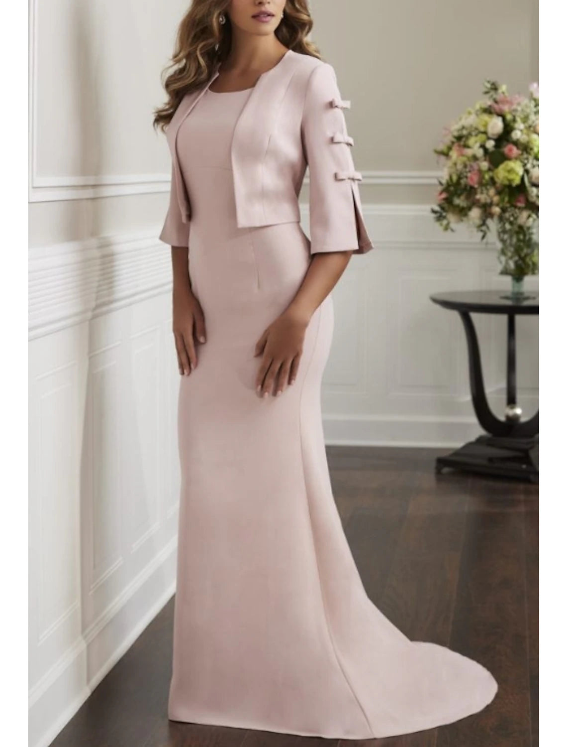Two Piece Sheath / Column Mother of the Bride Dress Elegant With Jacket 3/4 Sleeve Scoop Neck Sweep / Brush Train Stretch Fabric Bow(s) Winter Tailored Jacket Straight Jacket A-Line Jacket Two Piece Sheath / Column Mother of the Bride Dress Elegant With Jacket 3/4 Sleeve Scoop Neck Sweep / Brush Train Stretch Fabric Bow(s) Winter Tailored Jacket Straight Jacket A-Line Jacket