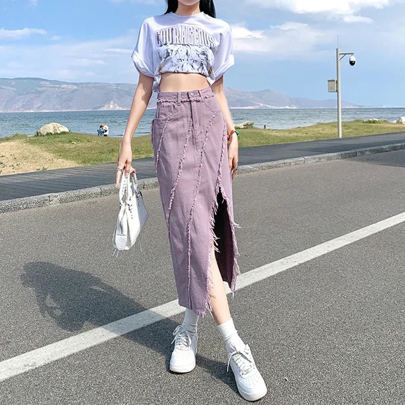 Edgy Distressed Front Split Denim Midi Skirt tiered skirt playful