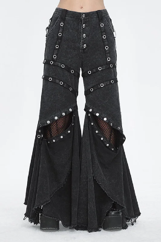 Black Mesh Eyelets Ruffled Flared Womens Punk Pants Cozy Knit Pants