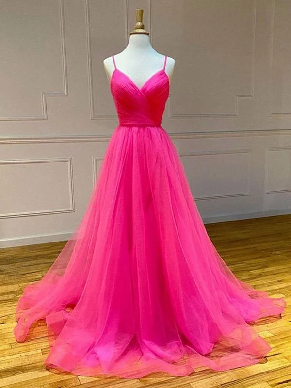 Hot Pink V-neckline Straps Cross Back Party Dress, Tulle Long Prom Dress Tunics Plaid country Hot Pink V-neckline Straps Cross Back Party Dress, Tulle Long Prom Dress Tunics Plaid country